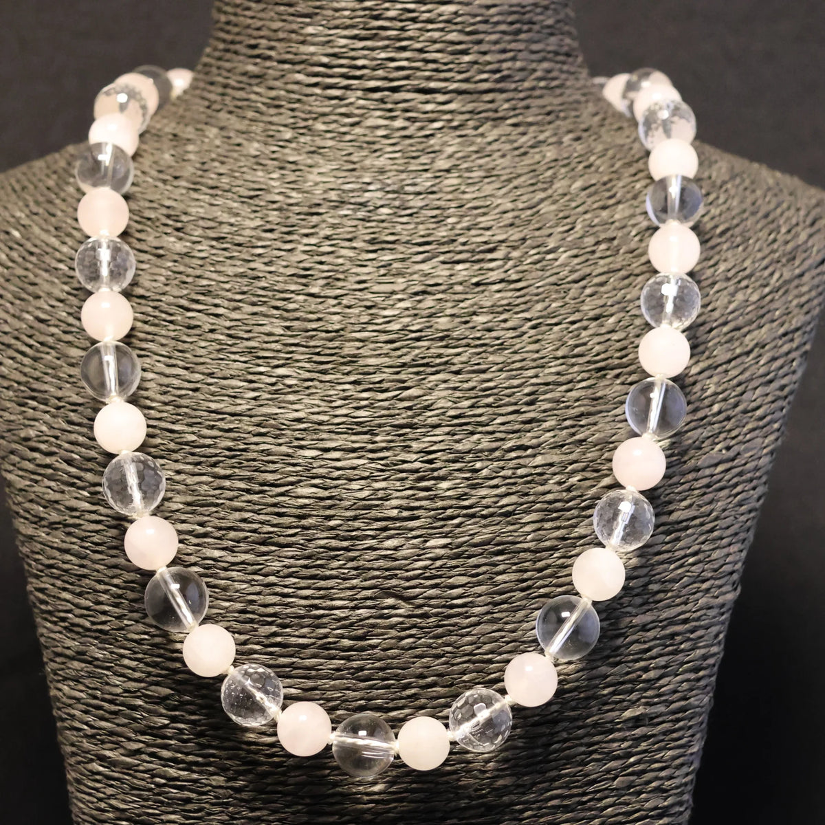 Semi-precious Stone Rock Crystal & Pink Quartz Necklace with silver clasp