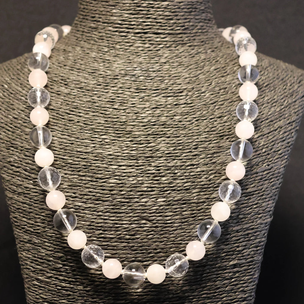 Semi-precious Stone Rock Crystal & Pink Quartz Necklace with silver clasp