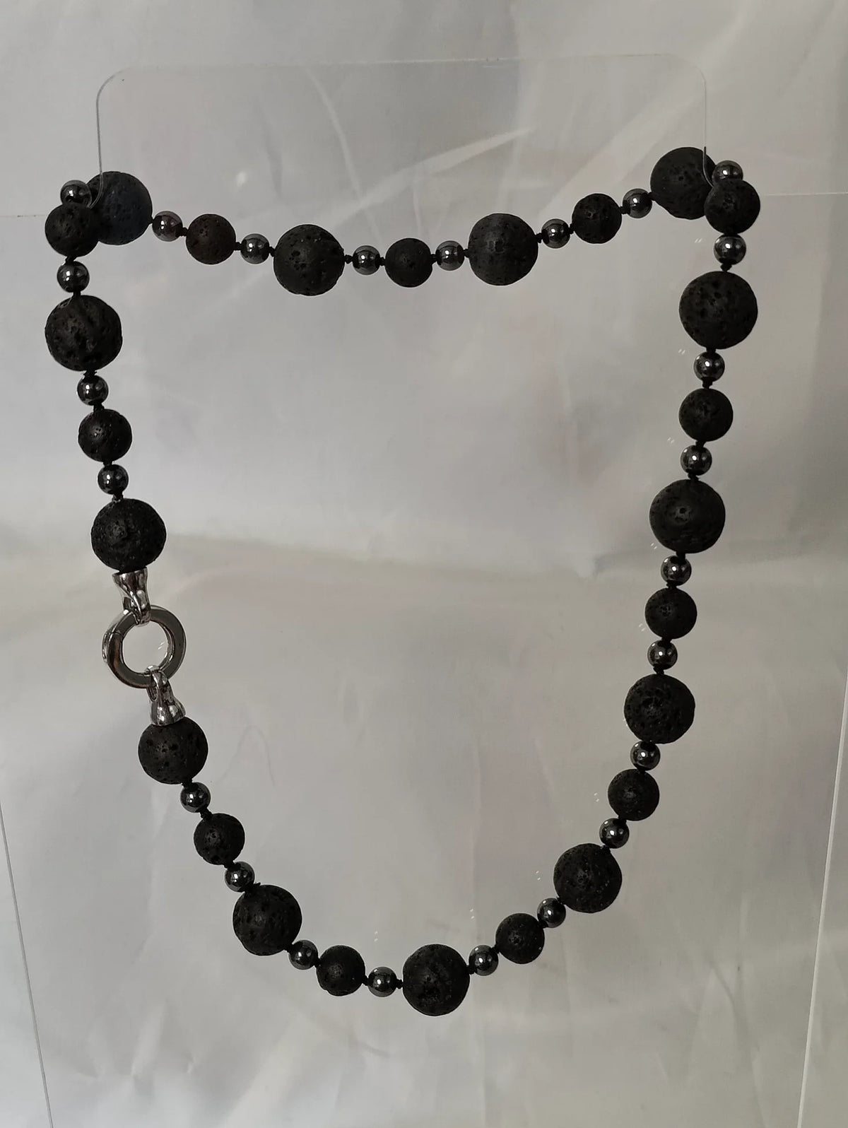 Semi-precious stone Lava stone and Hematite Necklace with silver clasp