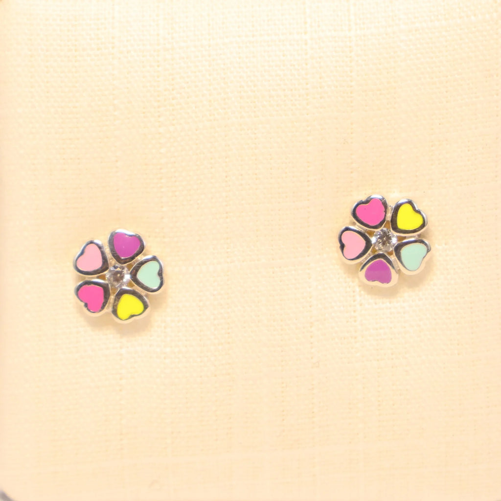 Silver children's earrings colorful hearts flower 478790