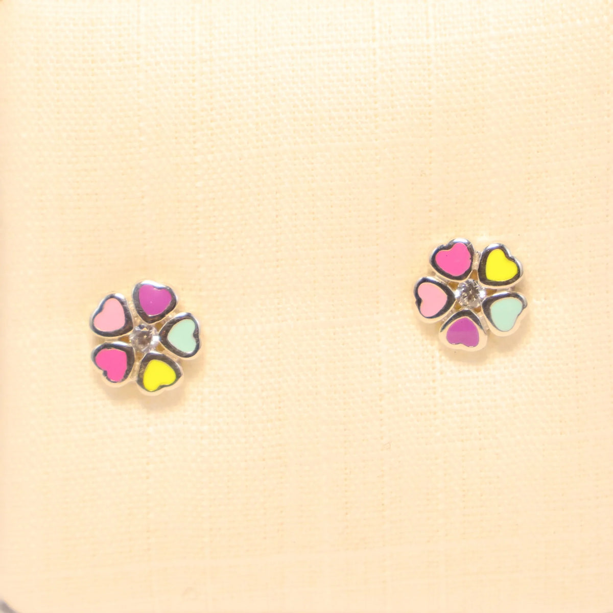 Silver children's earrings colorful hearts flower 478790