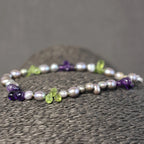 Semi-precious stone amethyst, peridot and pearls bracelet with silver clasp W9084/2