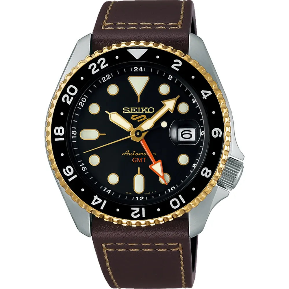 Seiko 5 Sports SSK036K1 watch GMT leather strap black dial