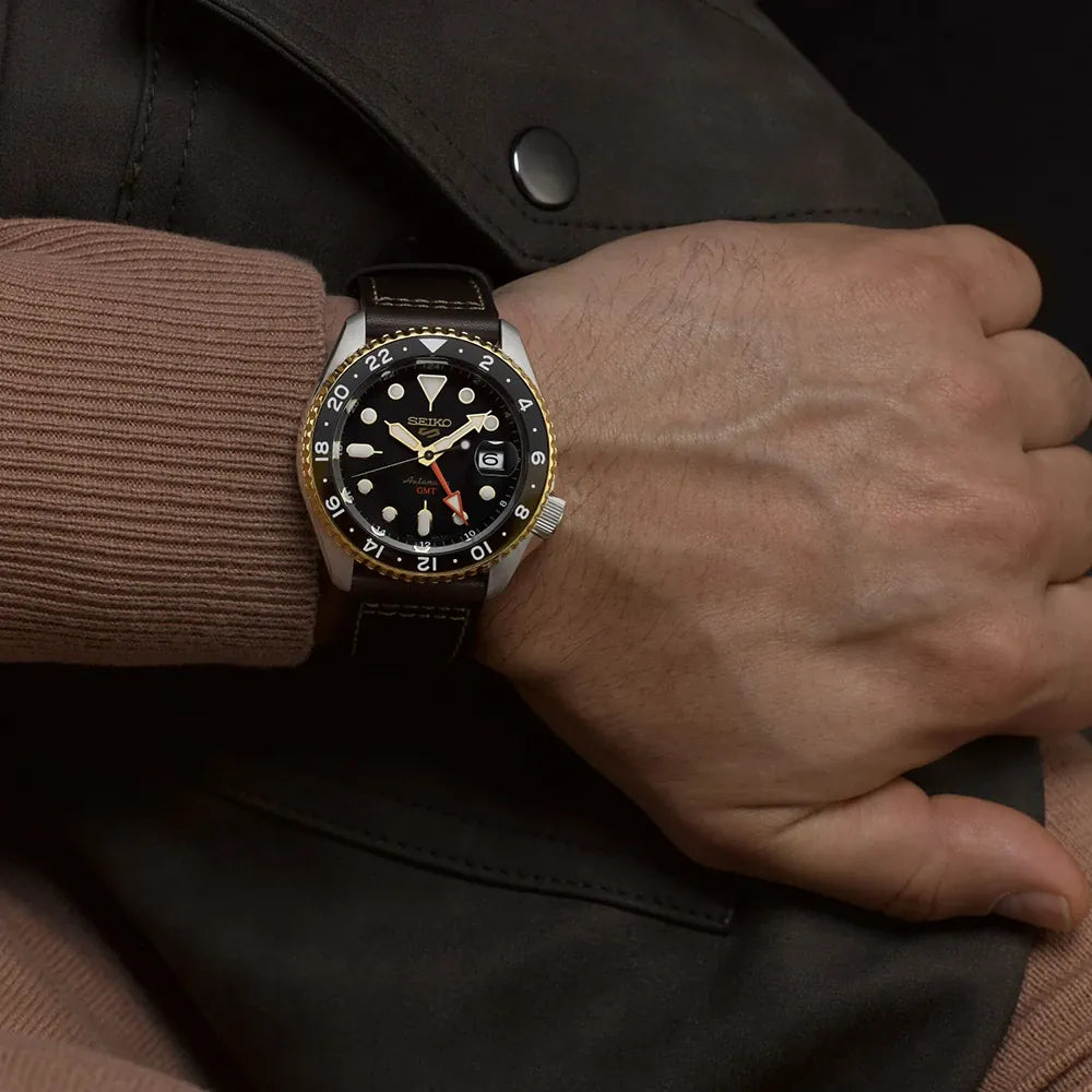 Seiko 5 Sports SSK036K1 watch GMT leather strap black dial