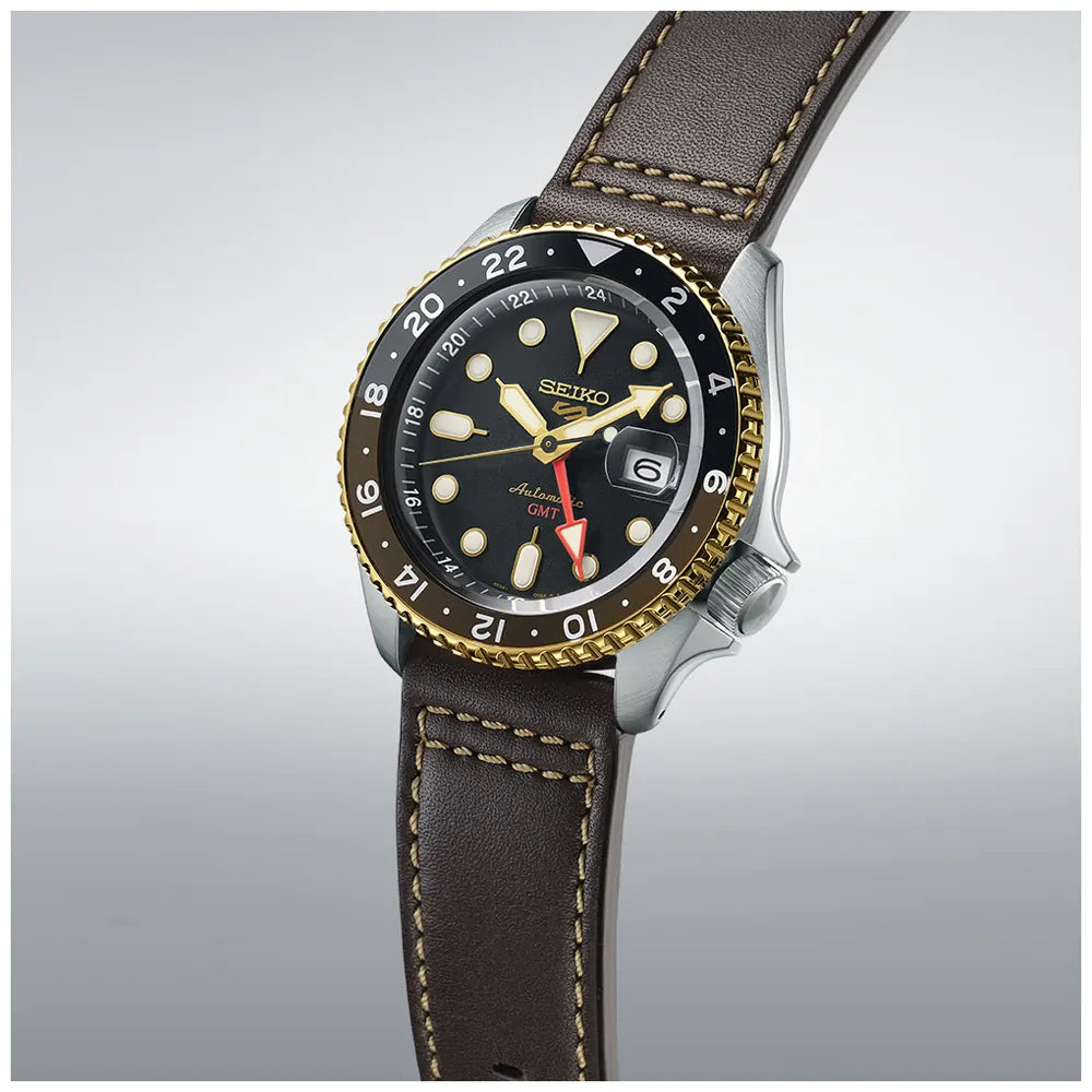 Seiko 5 Sports SSK036K1 watch GMT leather strap black dial