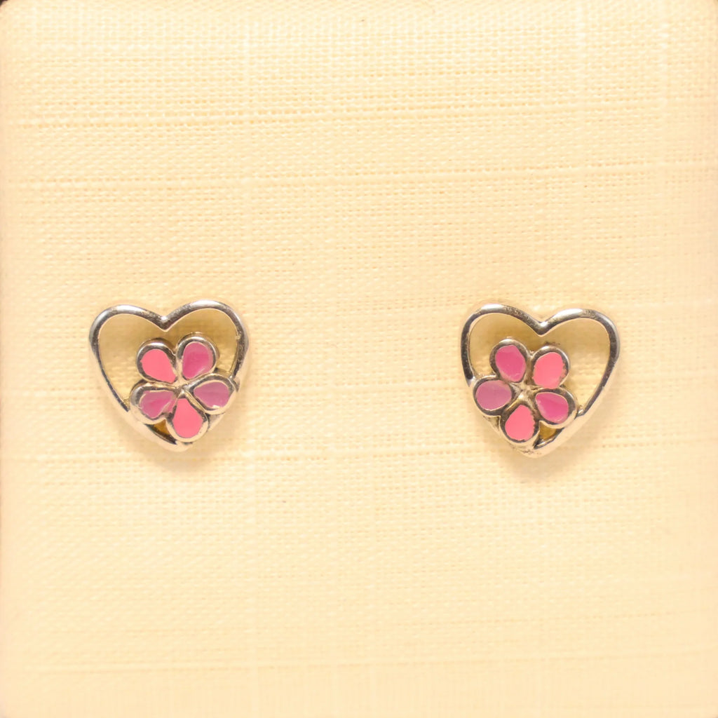Silver children's earrings pink flower hearts 661174
