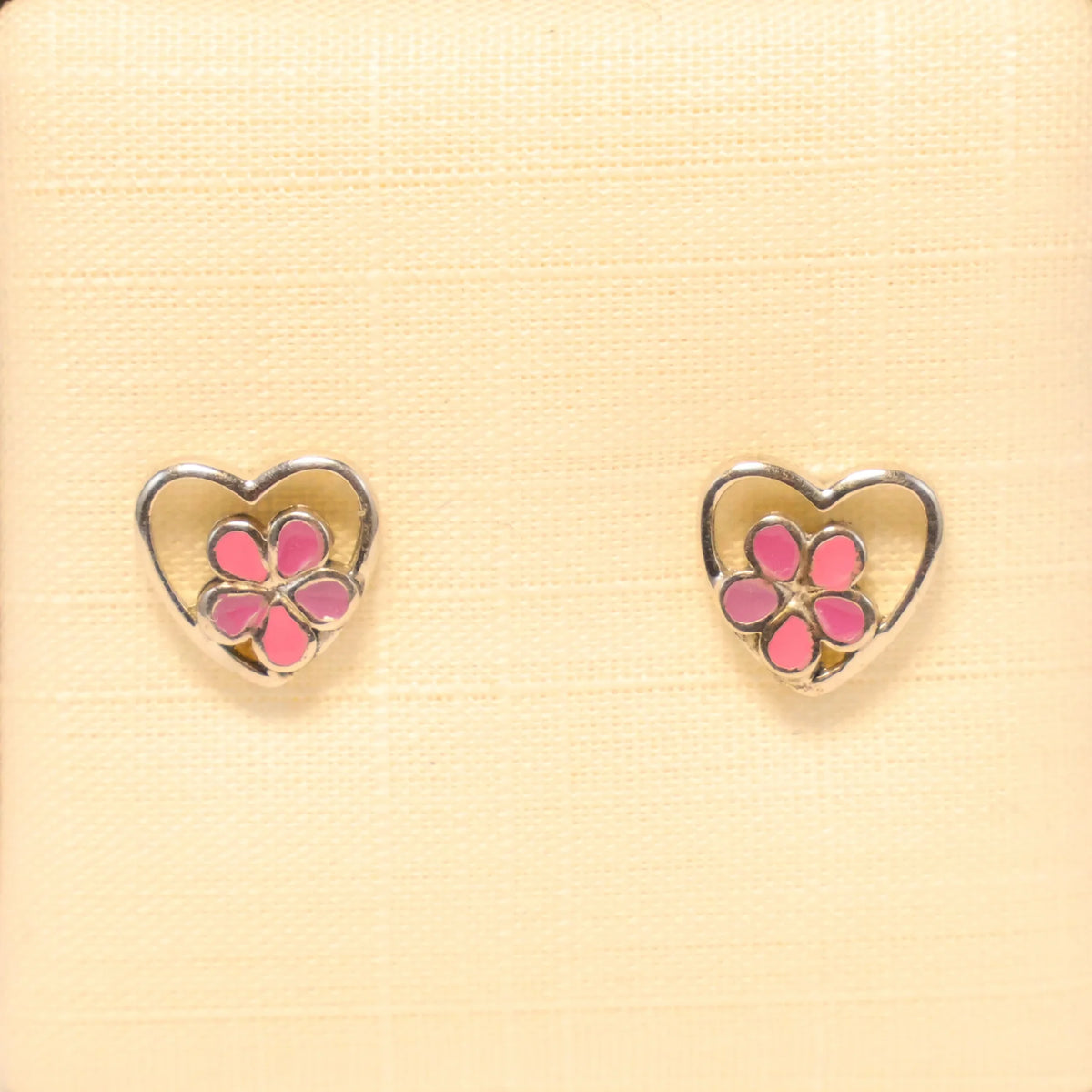 Silver children's earrings pink flower hearts 661174